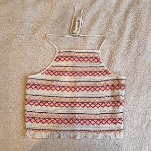American Eagle Outfitters White and Pink Ruffled Crop Tank Top